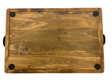 Load image into Gallery viewer, serving tray - pine - golden oak/metal handles - 12&quot;x3&quot;x18&quot; - non slip grip bottom
