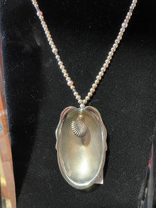 lori nickerson - necklace - 28" - fresh water pearl/spoon pendant - silver plated