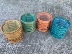 SET OF 4 - bamboo wrap /glass t-light holder - assorted colours
