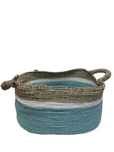 basket - oval - seagrass - MED - natural/turquoise/white - 23x43cm