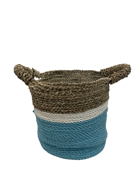 basket - round - seagrass - SM - natural/white/turquoise - 28x30cm