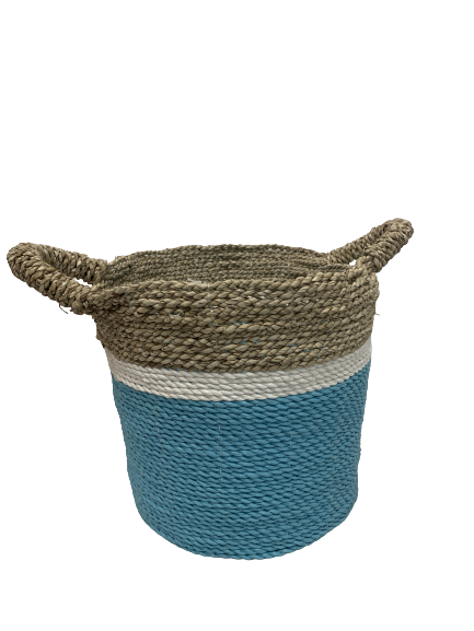 basket - round - seagrass - MED - natural/white/turquoise - 30x35cm