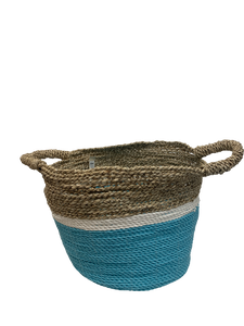 basket - round - seagrass - LG - natural/white/turquoise 32x40cm