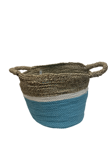 basket - round - seagrass - LG - natural/white/turquoise 32x40cm