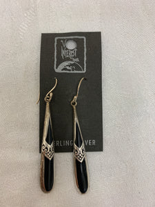 earring - long dangle - black shell - sterling silver - handcrafted