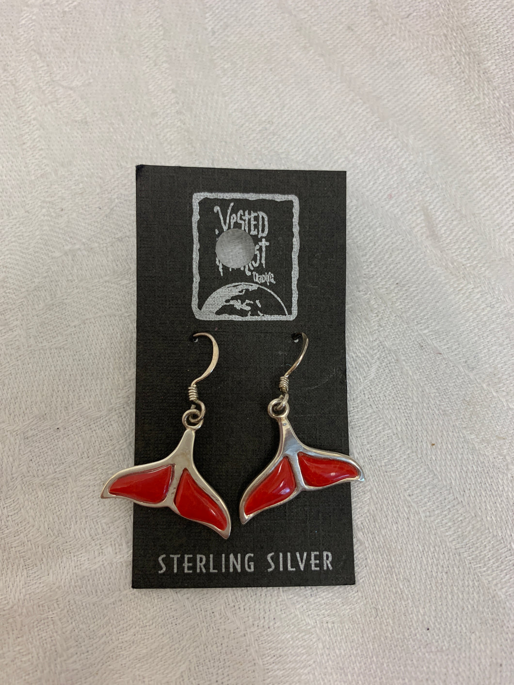 earring - whale tail - red coral - sterling silver