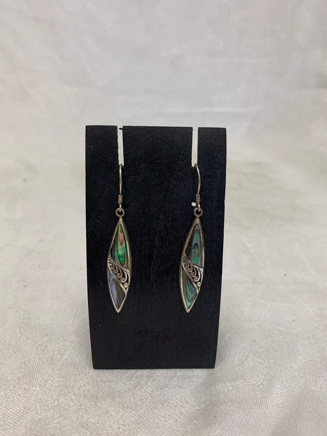 earring - long diamond carved drop paua - sterling silver