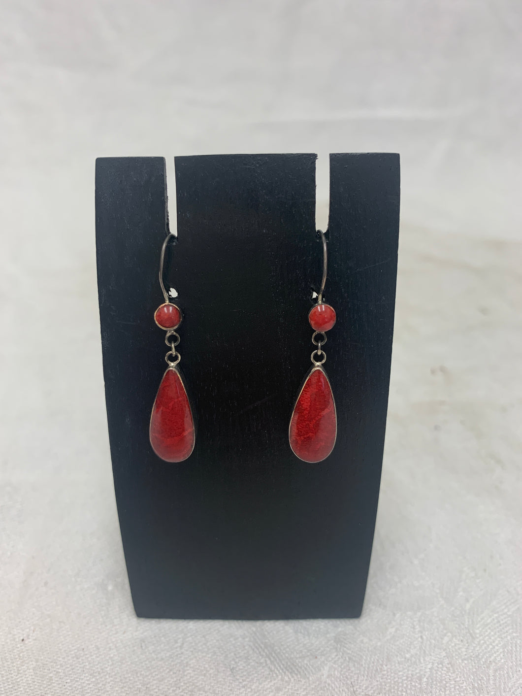earring - long oval - red coral (harvested) - sterling silver