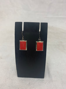 earring - rectangle - red coral (harvested) - sterling silver