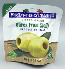 Load image into Gallery viewer, olives - green pitted - snack pack - sicily - 30gm- frutto D&#39;Italia
