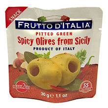 Load image into Gallery viewer, olives - spicy - green pitted - snack pack - sicily - 30gm- frutto D&#39;Italia
