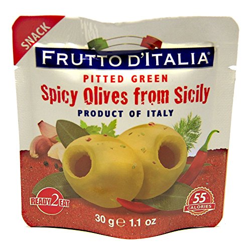 olives - spicy - green pitted - snack pack - sicily - 30gm- frutto D'Italia