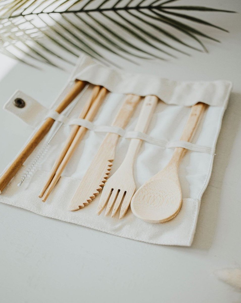zero waste - beige - travel bamboo utensil set w/ pouch