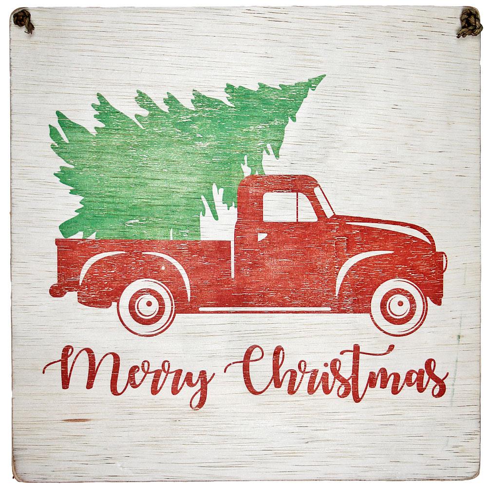sign - merry christmas - red truck/tree - 30x30cm