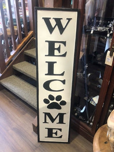 sign - welcome - paw - vertical - 12"x46" - black/white